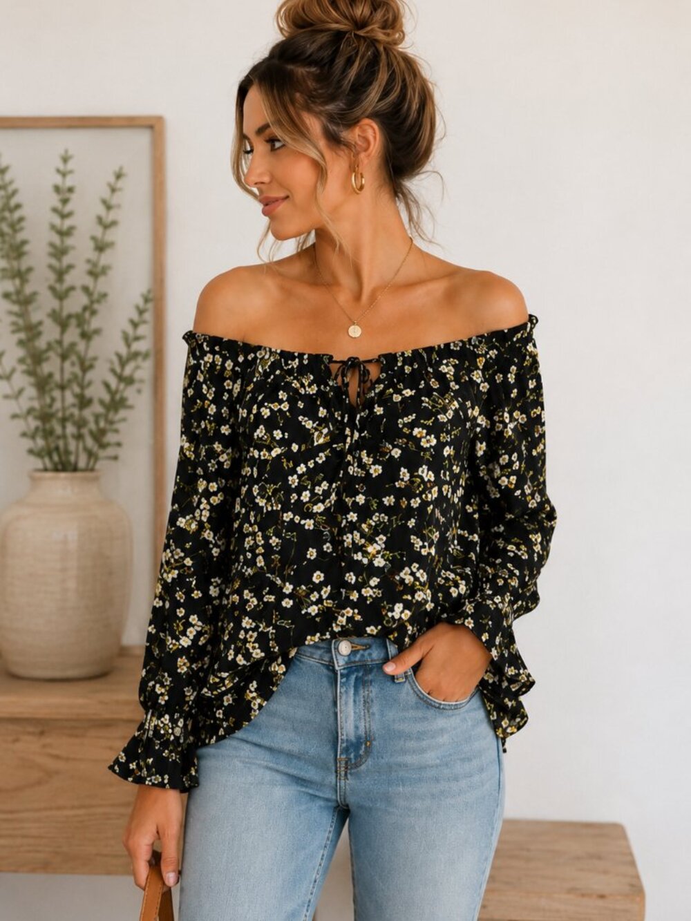 Belle Sky Black Floral Off-Shoulder Long Sleeve Blouse Size M Boho Chic
